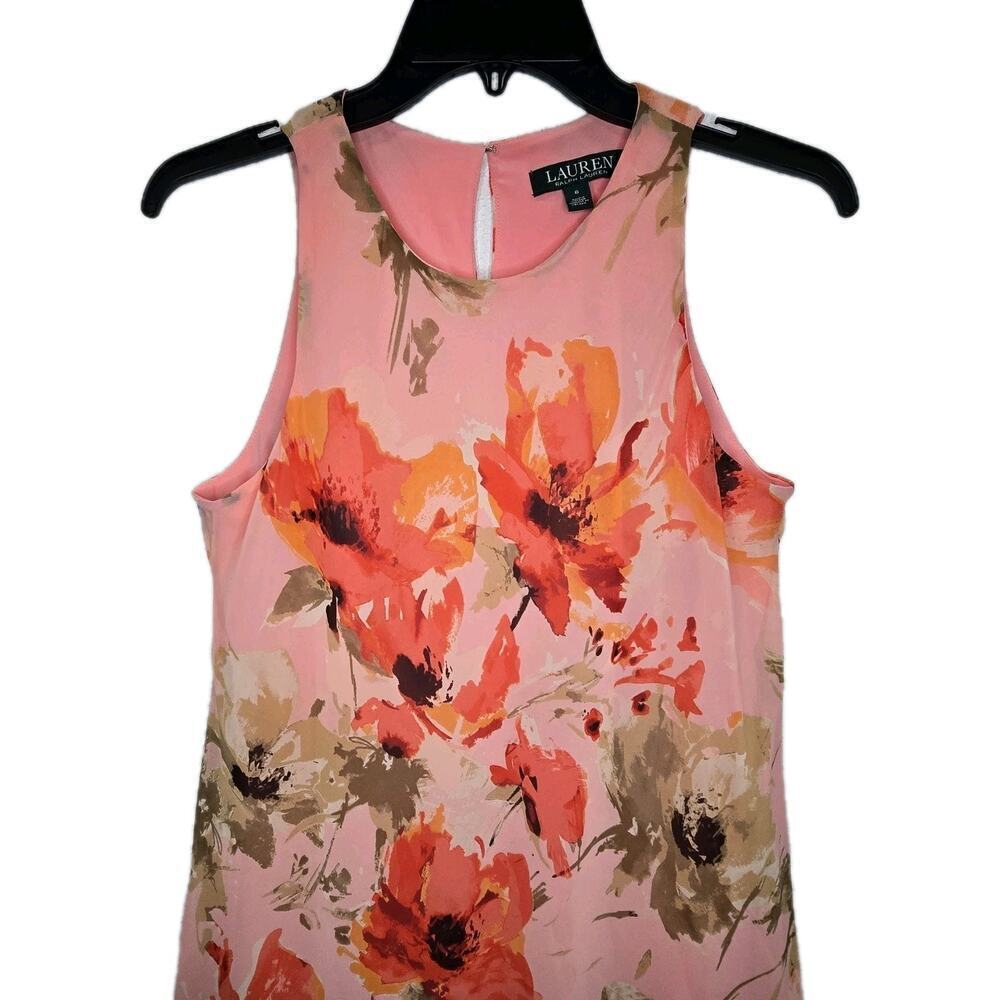 Ralph Lauren Line-A Mini Dress Salmon Floral Sleeveless Resort Party Size 6 - Picture 2 of 9